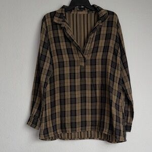 CP Shades Black and Tan Oversized Plaid Top 100% Cotton Size Small